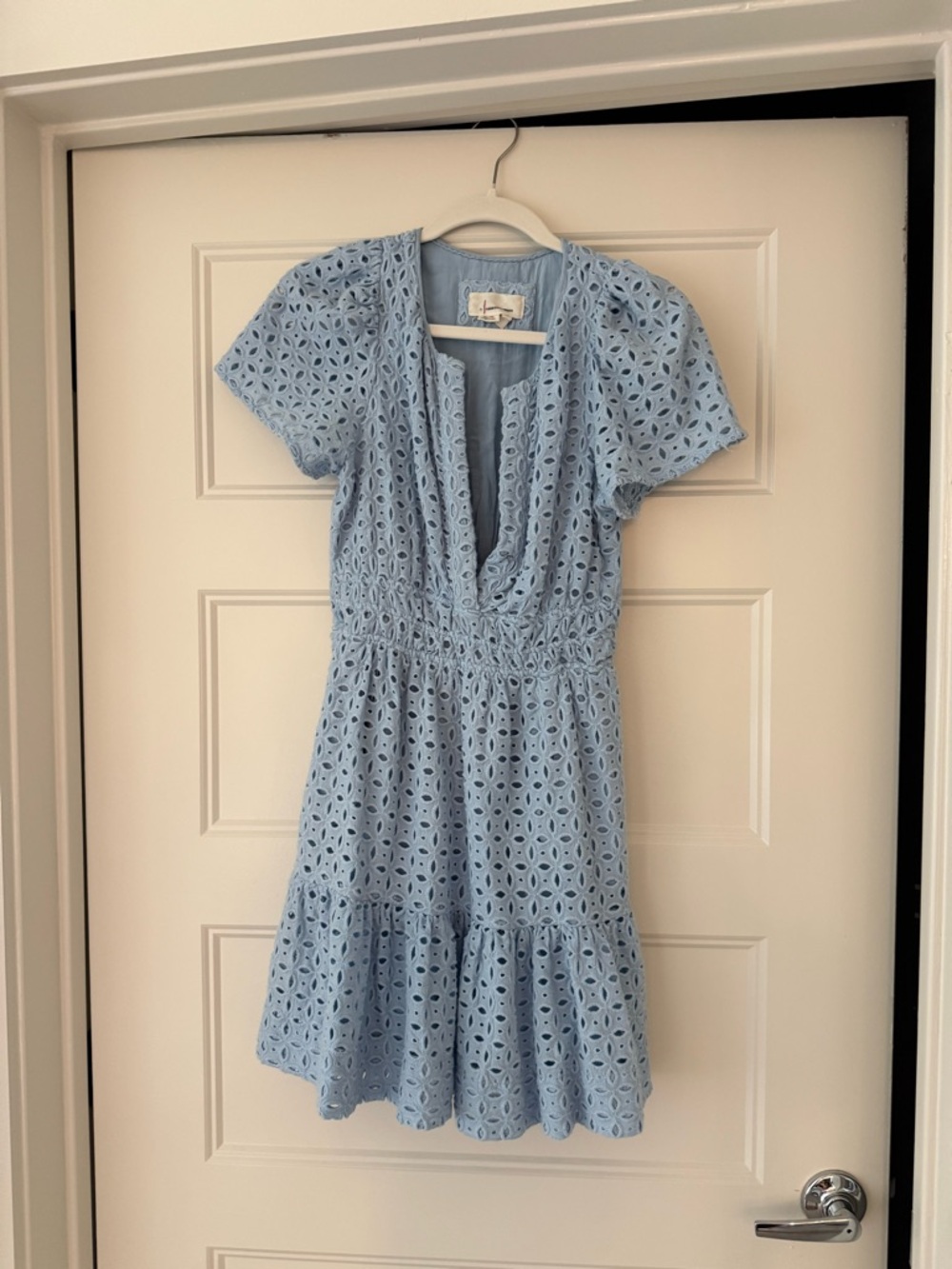 Anthropologie Light Blue Eyelet Tiered Mini Dress